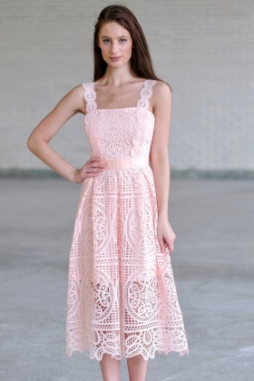 Pink Lace Midi Dress, Cute Pink A-Line Dress