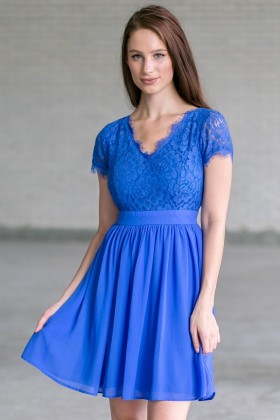 Bright Royal Blue Capleeve Dress, Blue Lace Party Dress