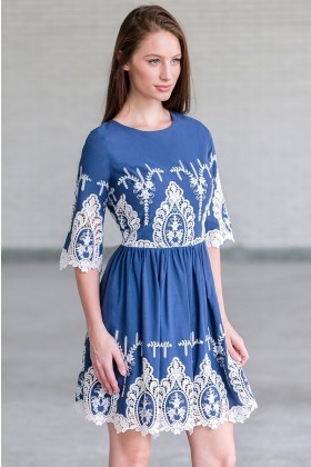 Blue and Ivory Embroidered Dress, Cute Fall Dress Online