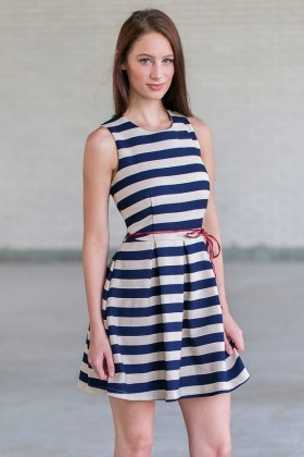 Navy and Beige Stripe Dress, Cute Summer A-Line Party Dress
