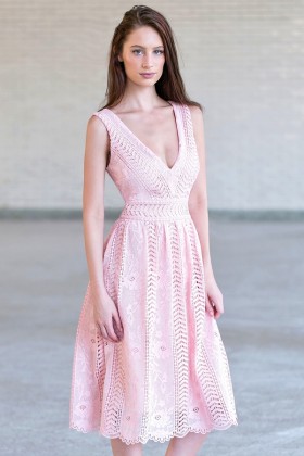 Pink Lace Midi Dress, Cute Pink A-Line Dress