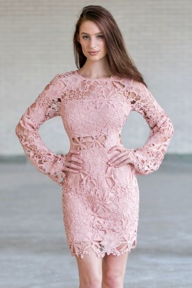 Pink Longsleeve Lace Dress, Cute Pink Boho Dress