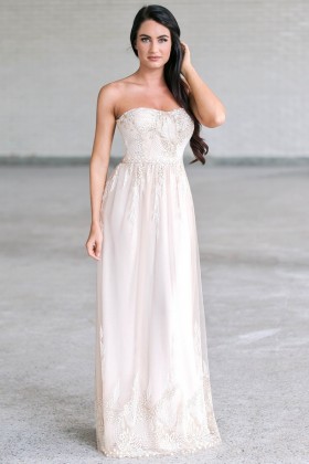 Ivory and Gold Maxi Prom Dress, Cute Formal Dress