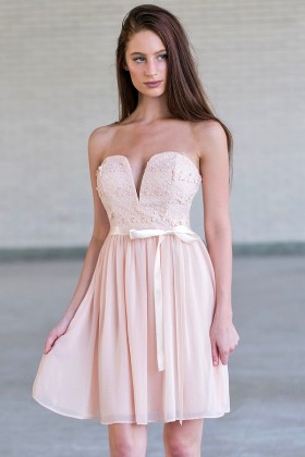 Blush Pink Strapless Lace and Chiffon Dress, Cute Pink Party Dress