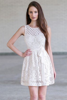 Beige Lace A-Line Dress, Cute Beige Rehearsal Dinner or Bridal Shower Dress