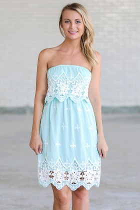 Flower Patch Embroidered Strapless Dress in Sky