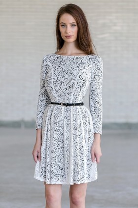 Ivory and Black Lace Belted Three Quarter Sleeve A-Line Designer Dress