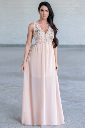 Nude Beige Beaded Embellished Prom Maxi Formal Bridesmaid Dress