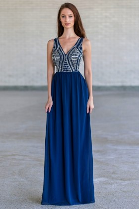 Bold and Beaded Maxi Dress in Navy