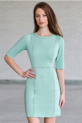 Gold Stud Embellished Sheath Dress in Green