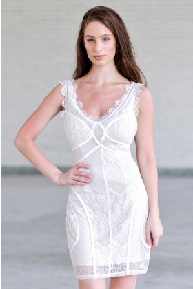 Off White Lace Bodycon Dress, Cute Off White Lace Cocktail Dress