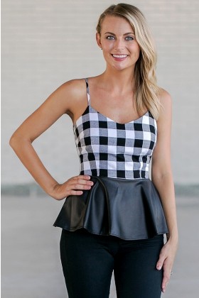 Black and White Plaid Peplum Top