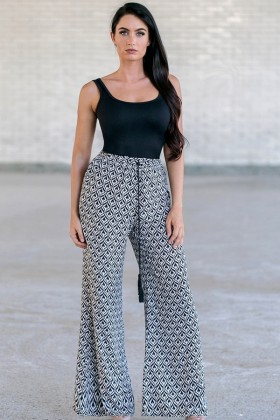 Black and White Printed Palazzo Pants, Cute Comfy Casual Pants