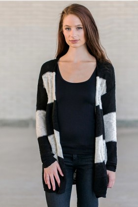 Black and Ivory Striped Sweater Cardigan, Cute Black and Ivory Top