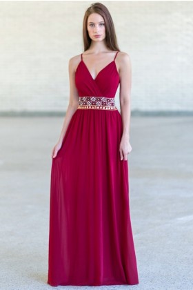 Burgundy Red Maxi Embellished Bridesmaid Dress