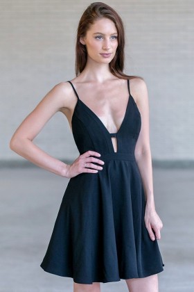 Black Plunging Neckline Dress, Cute Black A-Line Party Dress