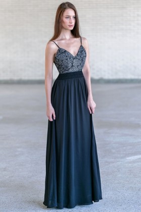 Black Lace and Chiffon Maxi Dress, Cute Maxi Dress, Open Back Prom Dress