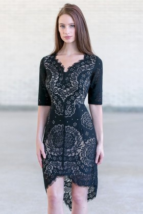 Cute Black High Low Eyelet Dress