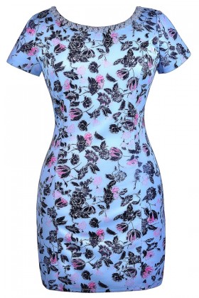 Blue Plus Size Floral Print Sheath Dress