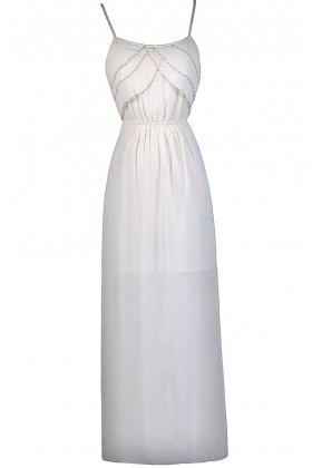 Cream Beaded Maxi Dress, Great Gatsby 1920s Dress, Cute Summer Dress