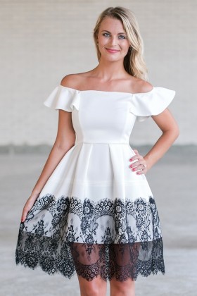 Black and White Lace Trim Party Dress, Cute A-Line Summer Dress