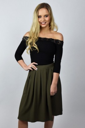 Cute Olive Green A-Line Midi Skirt