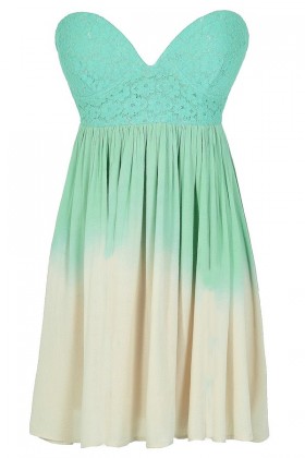Cotton Candy Ombre Strapless Lace Bustier Dress in Green/Beige