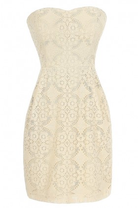 Graceful Lace Strapless Dress in Beige