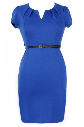Posh and Professional Belted Pencil Dress in Blue - Plus Size