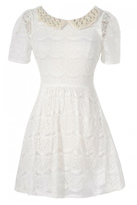 Pearl and Rhinestone Embellished Peter Pan Collar Lace Dress in Off White