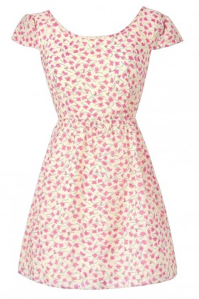 Pink and Ivory Floral Print Dress, Pink Ditsy Floral Print Dress, Pink and Ivory Capsleeve Sundress