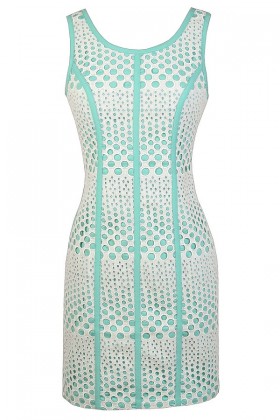 Cute Mint Dress, Mint Lace Dress, Mint and Ivory Eyelet Lace Dress, Mint and Ivory Sheath Dress, Mint and Ivory Summer Dress, Dotted Eyelet Lace Dress, Cutout Lace Mint Dress