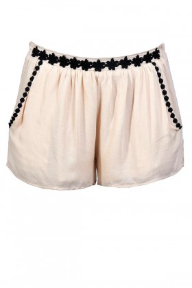 Cute Beige Shorts, Beige and Black Shorts, Beige Embroidered Shorts