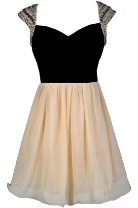 Black and Beige Beaded Shoulder Homecoming Party Dress