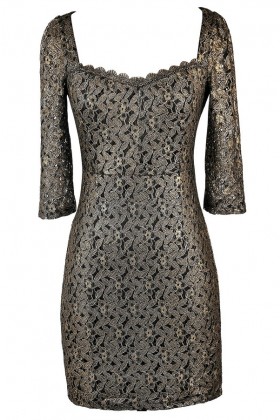 Black and Gold Lace Holiday New Years Eve Cocktail Dress