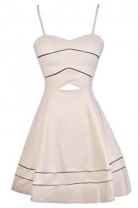 Beige A-Line Dress, Beige Party Dress, Beige Cutout Dress, Cute Beige and Black Dress