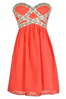 Cute Coral Dress, Coral Prom Dress, Coral Cocktail Dress, Beaded Coral Dress, Embellished Coral Dress, Coral Chiffon Dress, Coral Strapless Dress