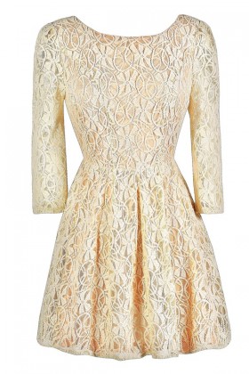 Beige Lace Dress, Beige and Peach Lace Dress, Beige Lace Three Quarter Sleeve Dress, Beige Lace A-Line Dress