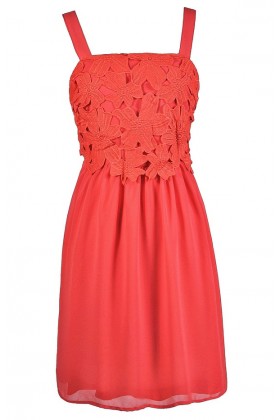 Coral Lace Dress, Coral A-Line Dress, Coral Party Dress, Coral Cocktail Dress, Coral Bridesmaid Dress, Coral Summer Dress