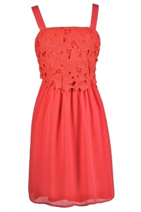 Coral Lace Dress, Coral A-Line Dress, Coral Party Dress, Coral Cocktail Dress, Coral Bridesmaid Dress, Coral Summer Dress