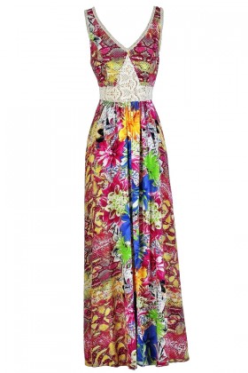 Tropical Printed Maxi Dress, Summer Maxi Dress, Hawaiian Printed Maxi Dress, Hot Pink Printed Maxi Dress, Floral Print Maxi Dress