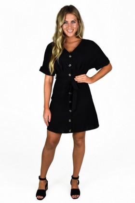 Cute Short Black Button Front Work Dress