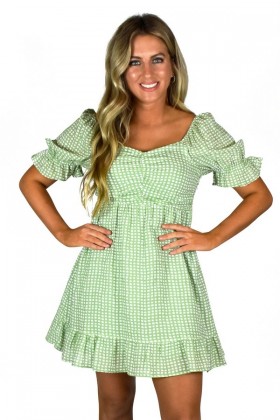 Cute Green and White Puff Sleeve Dot Printed Summer Dress