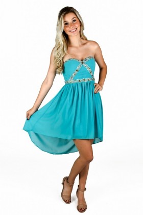 Teal Embellished High Low Rhinestone Dress | Cute Teal Beaded Homecoming Dress | 