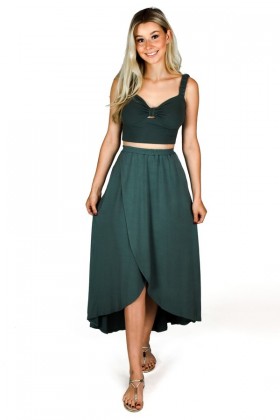 Cute Dark Teal Green Petal Hem Wrap Midi Skirt