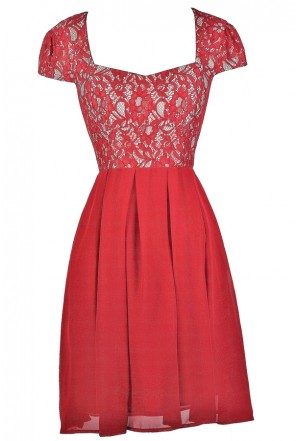 Red Lace Capsleeve Holiday Party Dress
