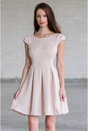 Cute Beige Tweed A-Line Work Dress