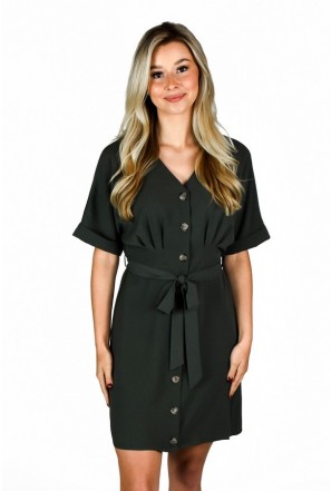 Dark Forest Green Button Front Work Dress