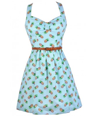 Pineapple Print Dress, Stripe Pineapple Dress, Fruit Print Dress, Cute Summer Dress, Blue Stripe Pineapple Dress, Cute Summer Dress, Retro Pineapple Dress