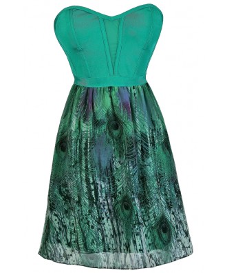 Jade Feather Print Dress, Jade Strapless Party Dress, Cute Summer Dress, Jade Tropical Dress, Tropical Print Dress